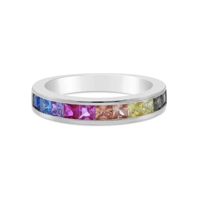 ขายส่ง 925 เงินสเตอร์ลิง Rainbow CZ Baguette แหวนหิน Multicolor แหวนเพทายสำหรับเครื่องประดับปาร์ตี้