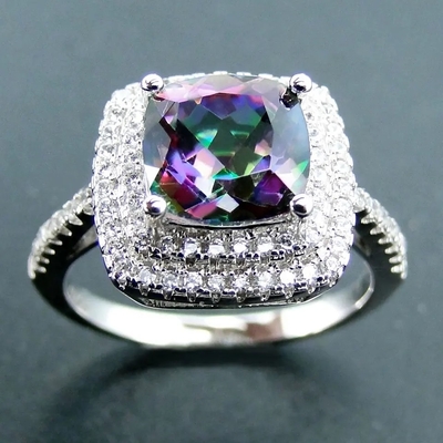 14K Rose Gold Plated Heart Cut Mystic Topaz White CZ Halo Gemstone Engagement Rings