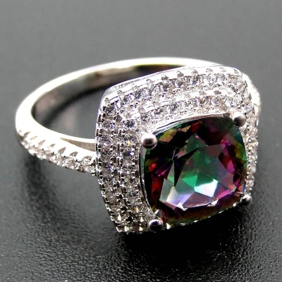 925 Serling Silver Jewelry Set Cushion Cut แหวนหมั้น Mystic Topaz