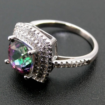 925 Serling Silver Jewelry Set Cushion Cut แหวนหมั้น Mystic Topaz