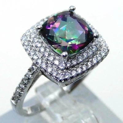 925 Serling Silver Jewelry Set Cushion Cut แหวนหมั้น Mystic Topaz