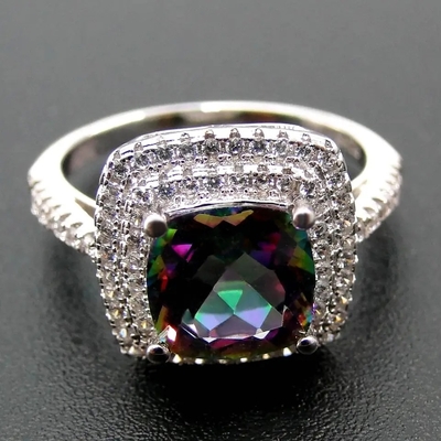 925 Serling Silver Jewelry Set Cushion Cut แหวนหมั้น Mystic Topaz