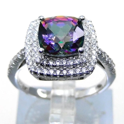 925 Serling Silver Jewelry Set Cushion Cut แหวนหมั้น Mystic Topaz