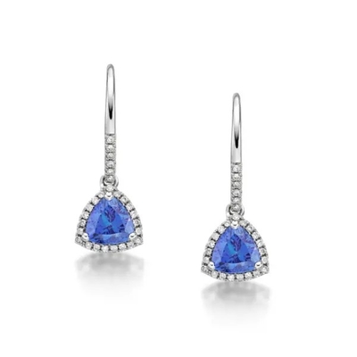 เครื่องประดับงานแต่งงาน ต่างหูยาวสีน้ำเงิน Tanzanite Color Stone เงิน 925 ชุบโรเดียม