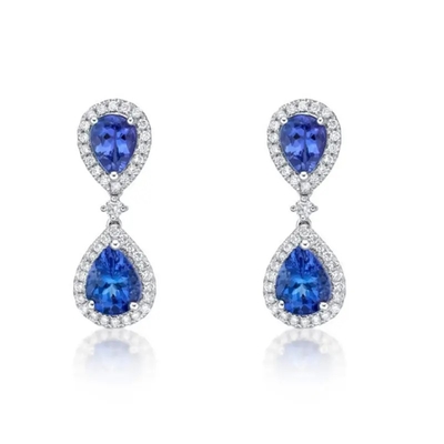 เครื่องประดับงานแต่งงาน ต่างหูยาวสีน้ำเงิน Tanzanite Color Stone เงิน 925 ชุบโรเดียม