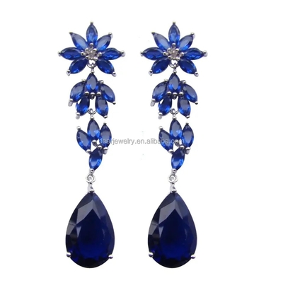 เครื่องประดับงานแต่งงาน ต่างหูยาวสีน้ำเงิน Tanzanite Color Stone เงิน 925 ชุบโรเดียม