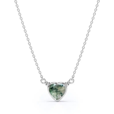 925 Silver Simple Natural Light Brilliant Elegant Green Heart Shaped Moss Agate สร้อยคอสำหรับขาย
