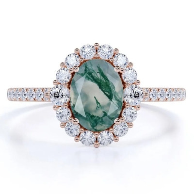 S925 Rose Gold Plated Round Cut White CZ Jewelry Natural Moss Agate Ring Top Quality Design Factory Ring