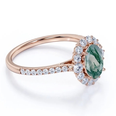 S925 Rose Gold Plated Round Cut White CZ Jewelry Natural Moss Agate Ring Top Quality Design Factory Ring