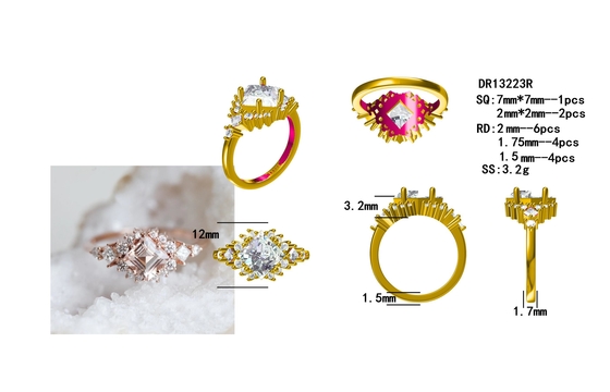 แหวนเงินสเตอร์ลิง 925 ชุบทองคำขาวสวยแวววาว Morganite Halo Ring Set