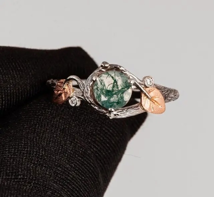 925 Silver Green Round Shaped Moss Crystal หมายถึงเครื่องประดับโมราสำหรับขายแหวนแต่งงานที่ไม่ซ้ำใคร