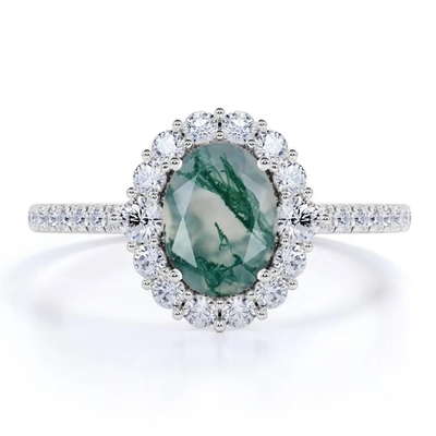 S925 Rose Gold Plated Round Cut White CZ Jewelry Natural Moss Agate Ring Top Quality Design Factory Ring