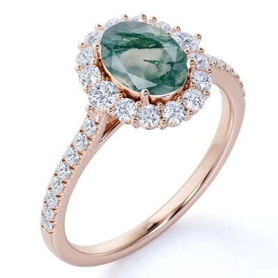 S925 Rose Gold Plated Round Cut White CZ Jewelry Natural Moss Agate Ring Top Quality Design Factory Ring