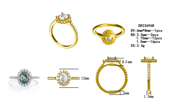 S925 Rose Gold Plated Round Cut White CZ Jewelry Natural Moss Agate Ring Top Quality Design Factory Ring