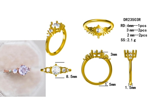 แหวนควอตซ์ลาเวนเดอร์ธรรมชาติ, 925 เงินสเตอร์ลิง Rose Gold Plated Five Stone Ring