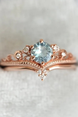 S925 Rose Gold Plated Natural Round Shape Aquamarine Ring Women Jewelry