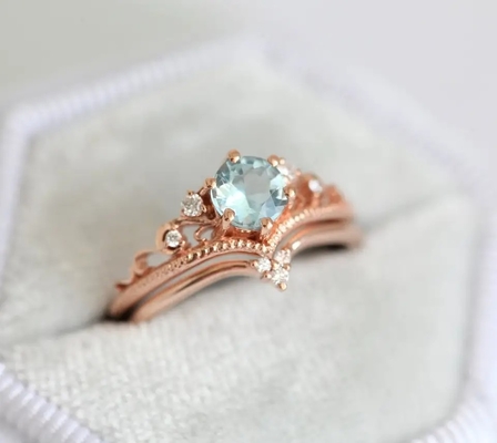 S925 Rose Gold Plated Natural Round Shape Aquamarine Ring Women Jewelry