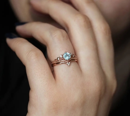 S925 Rose Gold Plated Natural Round Shape Aquamarine Ring Women Jewelry