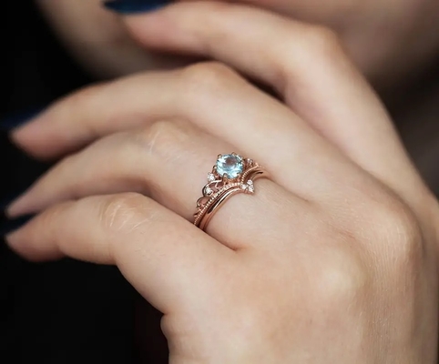 S925 Rose Gold Plated Natural Round Shape Aquamarine Ring Women Jewelry