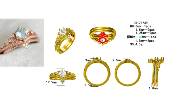 S925 Rose Gold Plated Natural Round Shape Aquamarine Ring Women Jewelry