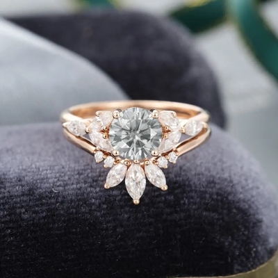 925 เครื่องประดับเงิน Moissanite แหวน Rose Gold Grey Moissanite ชุดแหวนหมั้น Marquise Cut แหวนเจ้าสาว