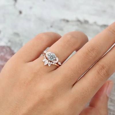 925 เครื่องประดับเงิน Moissanite แหวน Rose Gold Grey Moissanite ชุดแหวนหมั้น Marquise Cut แหวนเจ้าสาว