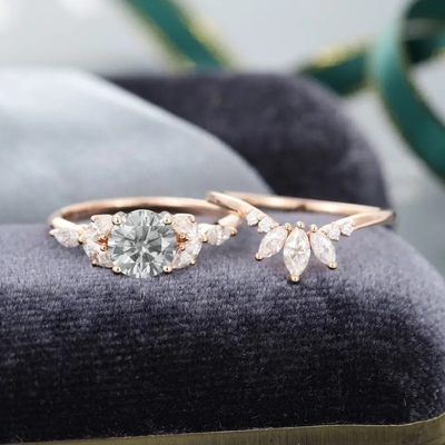 925 เครื่องประดับเงิน Moissanite แหวน Rose Gold Grey Moissanite ชุดแหวนหมั้น Marquise Cut แหวนเจ้าสาว