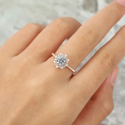 925 Silver Vintage Rose Gold Halo Grey Moissanite Ring 1ct Moissanite Anniversary Ring แหวนแต่งงาน