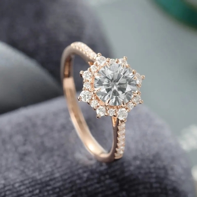 925 Silver Vintage Rose Gold Halo Grey Moissanite Ring 1ct Moissanite Anniversary Ring แหวนแต่งงาน