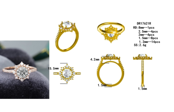 925 Silver Vintage Rose Gold Halo Grey Moissanite Ring 1ct Moissanite Anniversary Ring แหวนแต่งงาน