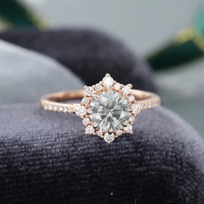 925 Silver Vintage Rose Gold Halo Grey Moissanite Ring 1ct Moissanite Anniversary Ring แหวนแต่งงาน