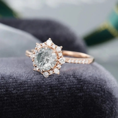925 Silver Vintage Rose Gold Halo Grey Moissanite Ring 1ct Moissanite Anniversary Ring แหวนแต่งงาน