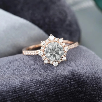 925 Silver Vintage Rose Gold Halo Grey Moissanite Ring 1ct Moissanite Anniversary Ring แหวนแต่งงาน