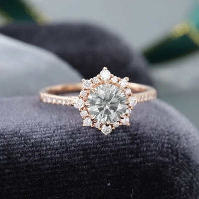 925 Silver Vintage Rose Gold Halo Grey Moissanite Ring 1ct Moissanite Anniversary Ring แหวนแต่งงาน