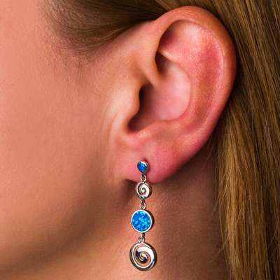 925 เงินสเตอร์ลิงคีย์กรีกโอปอลสีฟ้า Dangle Meander Meandros ต่างหูสำหรับผู้หญิง