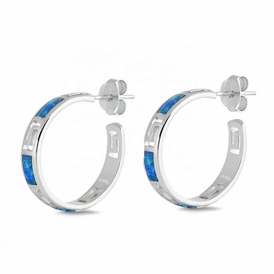 925 เงินสเตอร์ลิงกรีกคีย์ Blue Meander วินเทจสเตอร์ลิงโอปอลแหวนห่วงต่างหู