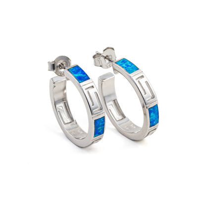 925 เงินสเตอร์ลิงกรีกคีย์ Blue Meander วินเทจสเตอร์ลิงโอปอลแหวนห่วงต่างหู