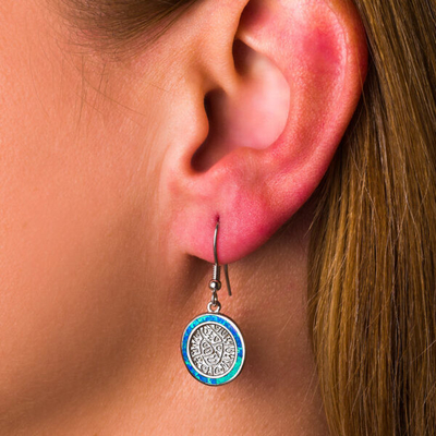 925 เงินสเตอร์ลิงกรีกคีย์ Blue Meander Opal Phaistos Disc Dangle ต่างหูผู้หญิง