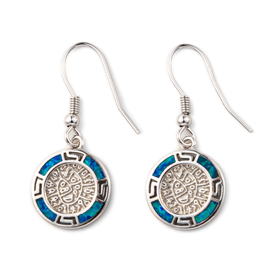 925 เงินสเตอร์ลิงกรีกคีย์ Blue Meander Opal Phaistos Disc Dangle ต่างหูผู้หญิง