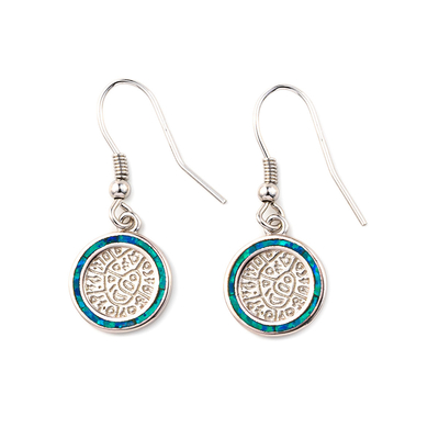 925 เงินสเตอร์ลิงกรีกคีย์ Blue Meander Opal Phaistos Disc Dangle ต่างหูผู้หญิง