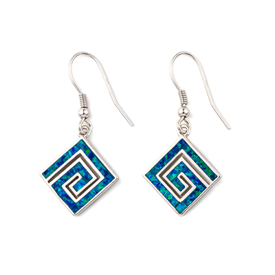 925 เงินสเตอร์ลิงกรีกคีย์ Blue Meander Opal Phaistos Disc Dangle ต่างหูผู้หญิง