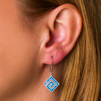 925 เงินสเตอร์ลิงกรีกคีย์ Blue Meander Opal Phaistos Disc Dangle ต่างหูผู้หญิง