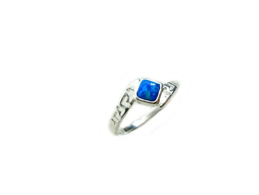 เงินสเตอร์ลิง 925 กรีกโบราณ Meander Key Modern Fire Rainbow Blue Opal แหวนหมั้น