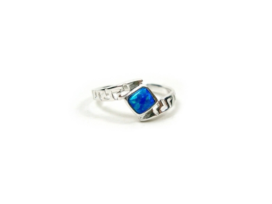 เงินสเตอร์ลิง 925 กรีกโบราณ Meander Key Modern Fire Rainbow Blue Opal แหวนหมั้น
