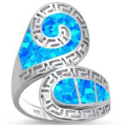 Blue Opal Greek Key Design Wraparound Solid 925 Sterling Silver Ring เครื่องประดับโอปอลสีน้ำเงินสำหรับผู้ชาย