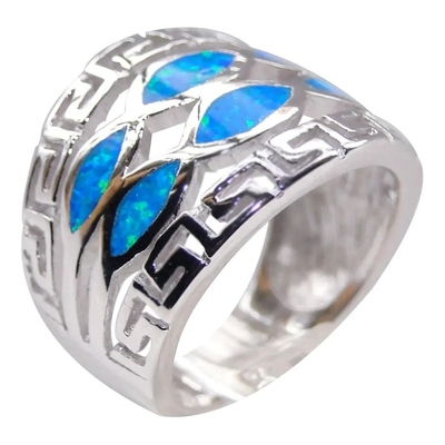 Blue Opal Greek Key Design Wraparound Solid 925 Sterling Silver Ring เครื่องประดับโอปอลสีน้ำเงินสำหรับผู้ชาย