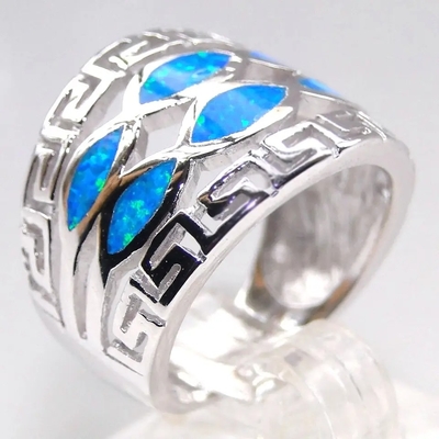 Blue Opal Greek Key Design Wraparound Solid 925 Sterling Silver Ring เครื่องประดับโอปอลสีน้ำเงินสำหรับผู้ชาย