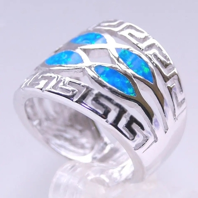 Blue Opal Greek Key Design Wraparound Solid 925 Sterling Silver Ring เครื่องประดับโอปอลสีน้ำเงินสำหรับผู้ชาย