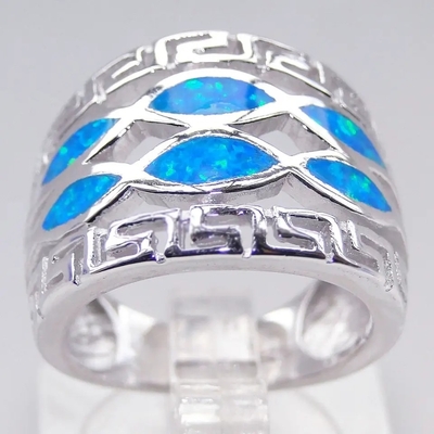 Blue Opal Greek Key Design Wraparound Solid 925 Sterling Silver Ring เครื่องประดับโอปอลสีน้ำเงินสำหรับผู้ชาย
