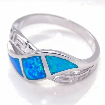 Blue Opal Greek Key Design Wraparound 925 แหวนเงินแท้ Handmade เครื่องประดับโอปอลสำหรับผู้หญิง